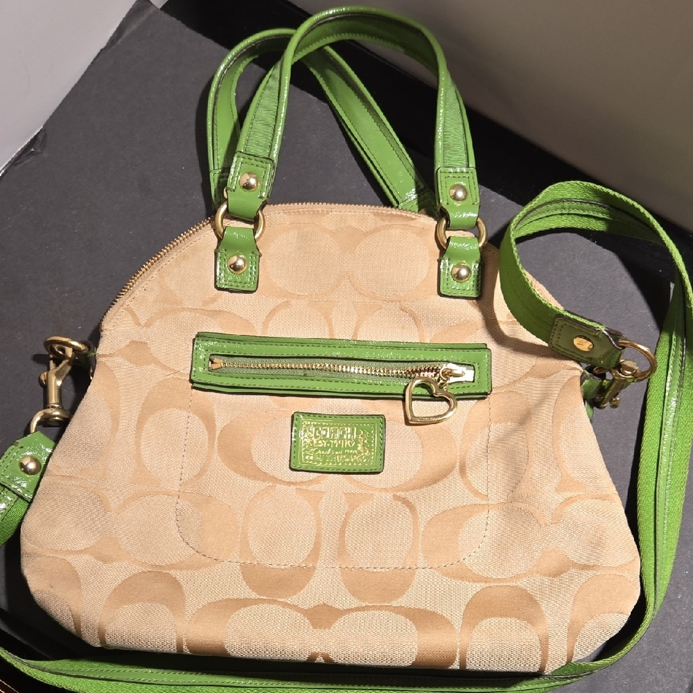 Coach Daisy Signature Foldover Khaki And Grassgreen Madras Crossbody Bag